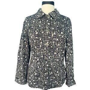 Chico's Abstract Geometric Print Button Up‎ Black Jacket Lrg 2 Business Casual